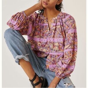 Anthropologie LET ME BE Lace Blouse 100% Cotton Boho Purple Motif, size XS NWOT
